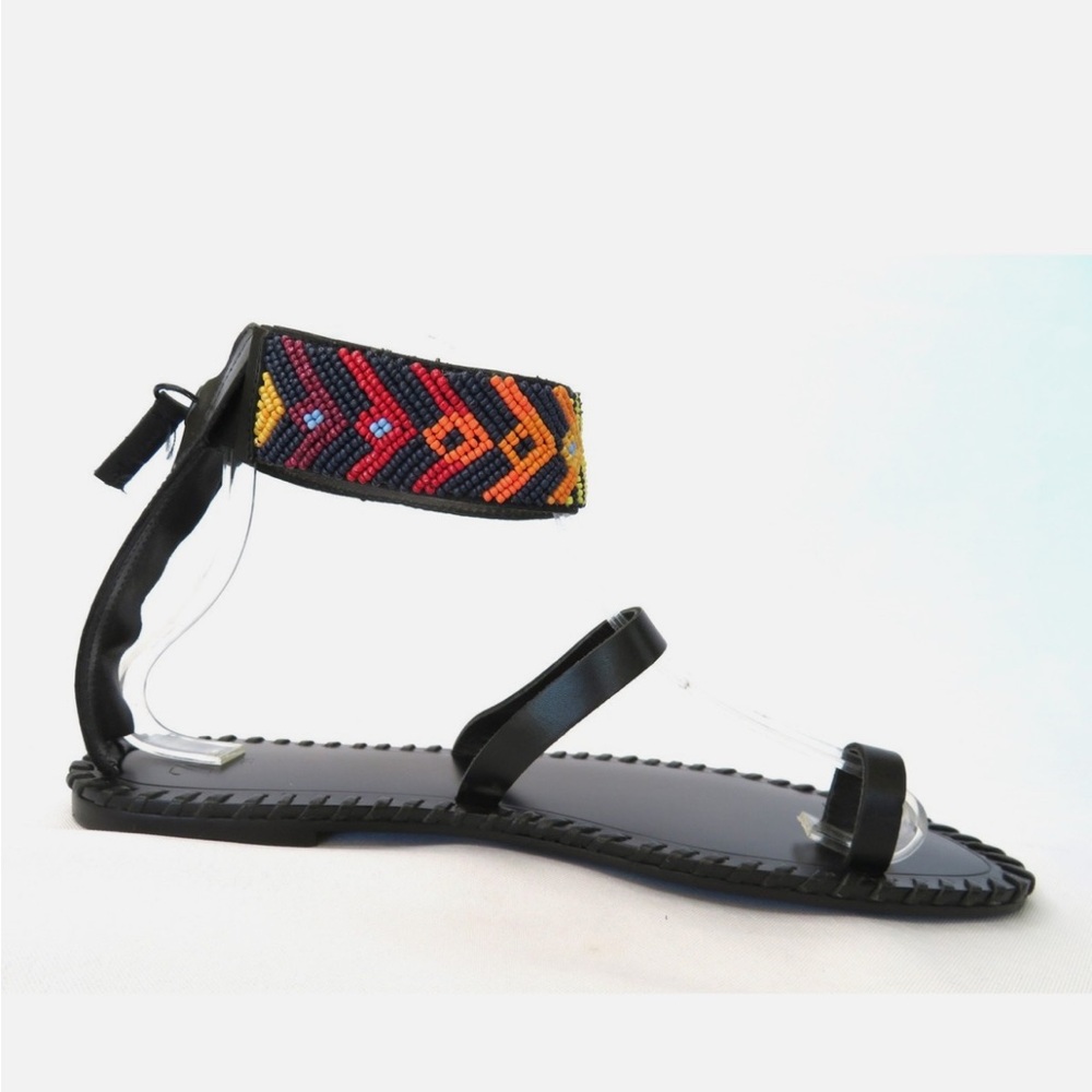 ZARA Black Leather Beaded Ankle Strap Toe Loop Flat Sandals